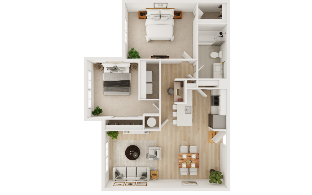 B1 - 2 bedroom floorplan layout with 1 bathroom and 947 square feet