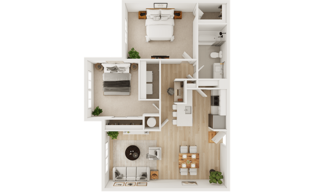 B1 - 2 bedroom floor plan layout with 1 bathroom and 947 square feet