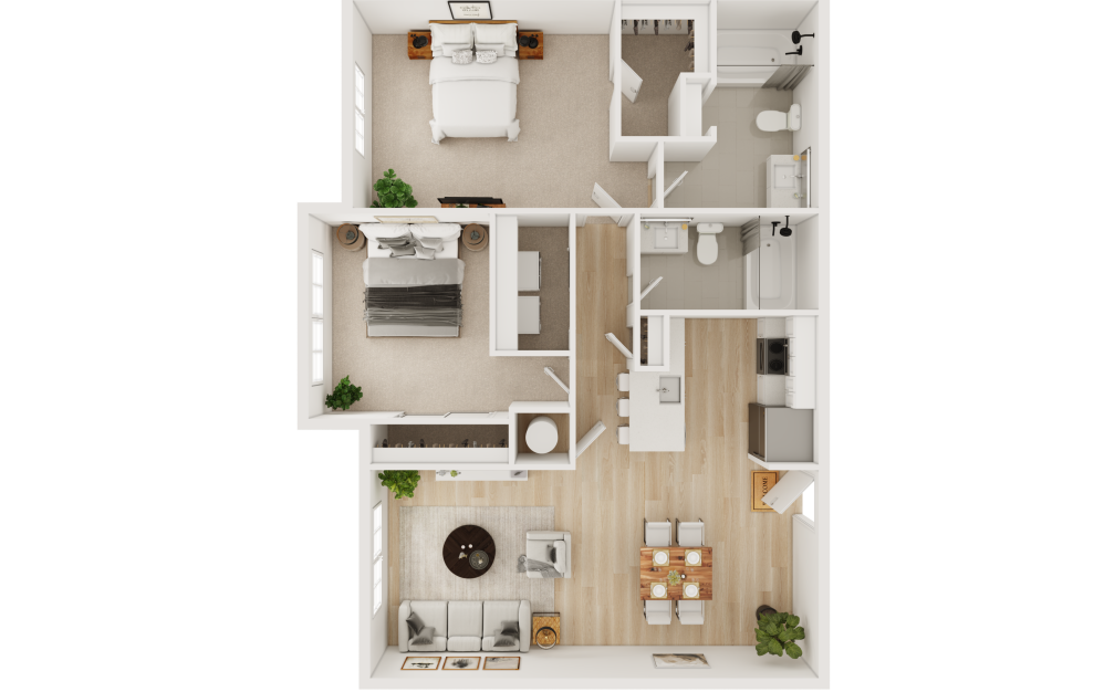 B2 - 2 bedroom floorplan layout with 2 bathrooms and 1047 square feet