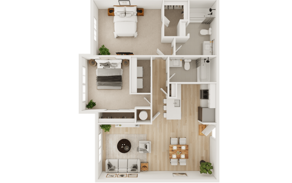 B2 - 2 bedroom floor plan layout with 2 bathrooms and 1047 square feet
