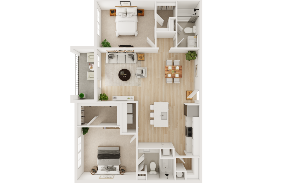 B3 - 2 bedroom floorplan layout with 2 bathrooms and 1067 square feet