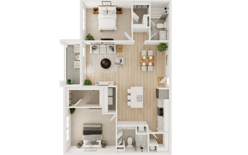 B3 - 2 bedroom floor plan layout with 2 bathrooms and 1067 square feet