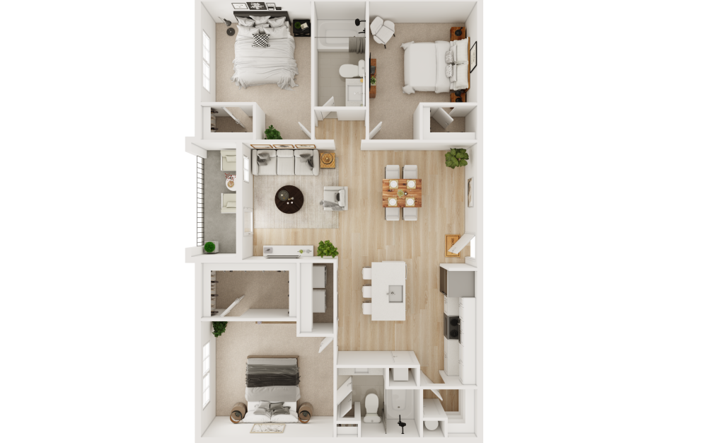 C1 - 3 bedroom floorplan layout with 2 bathrooms and 1286 square feet