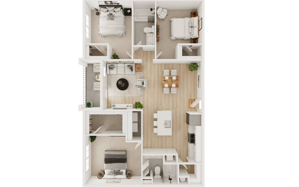 C1 - 3 bedroom floor plan layout with 2 bathrooms and 1286 square feet C1 - 3 bedroom floor plan layout with 2 bathrooms and 1286 square feet