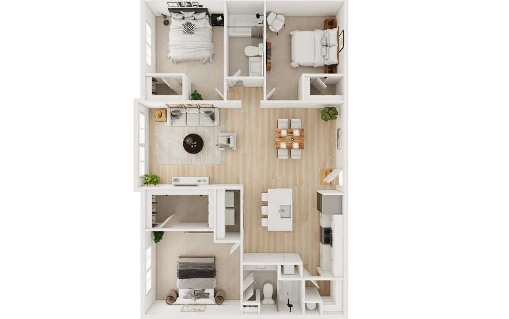 C2 - 3 bedroom floorplan layout with 2 bathrooms and 1350 square feet