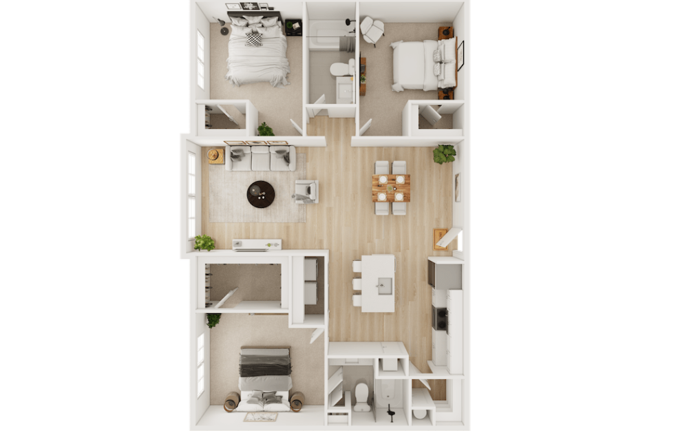 C2 - 3 bedroom floor plan layout with 2 bathrooms and 1350 square feet