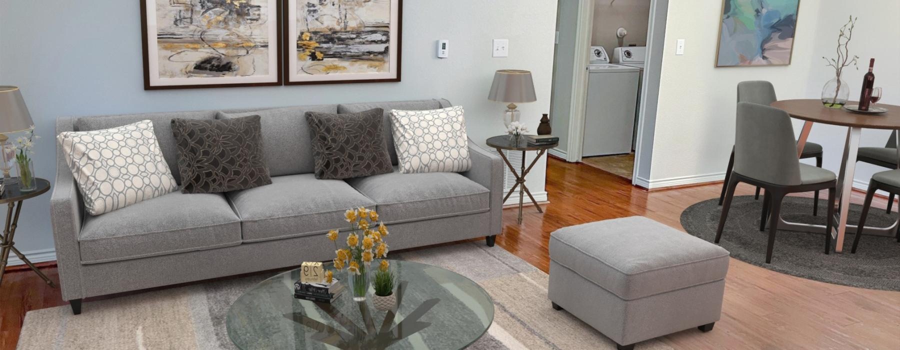 a living room with a couch and coffee table